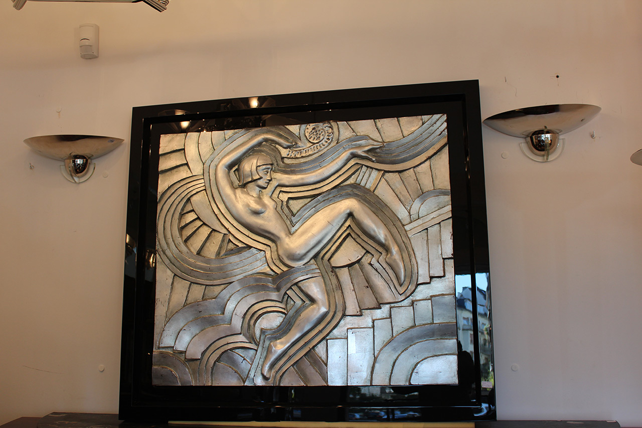Relief, Blattsilber, in Holzrahmen, Schwarzlack